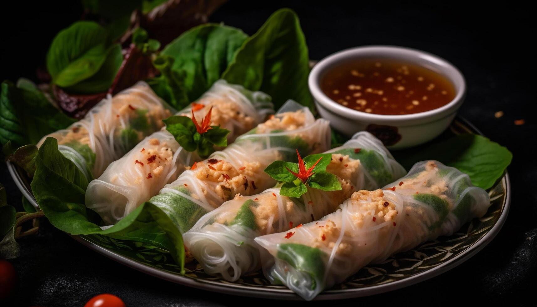 Fresh spring roll wrapped in rice paper with savory sauce generated by AI photo