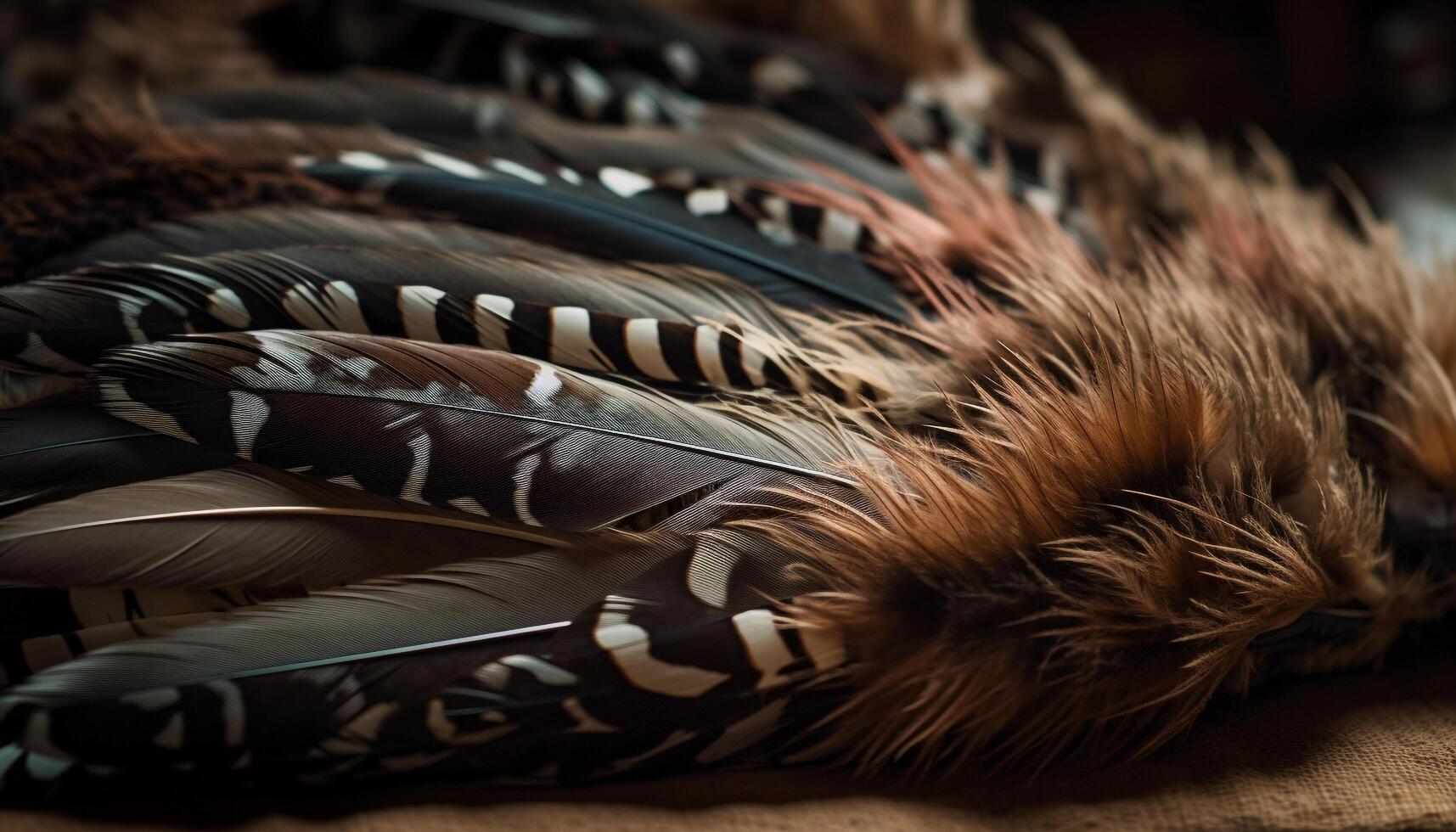 Fluffy peacock tail, vibrant colors, beauty in nature patterns generated by AI photo