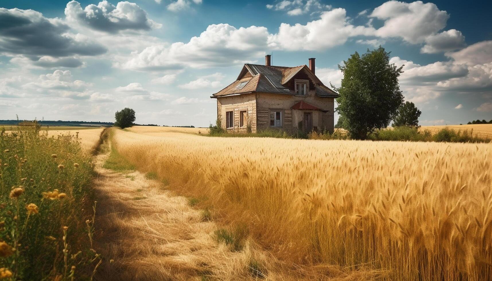 Rustic farmhouse in idyllic meadow, surrounded by wheat and nature generated by AI photo