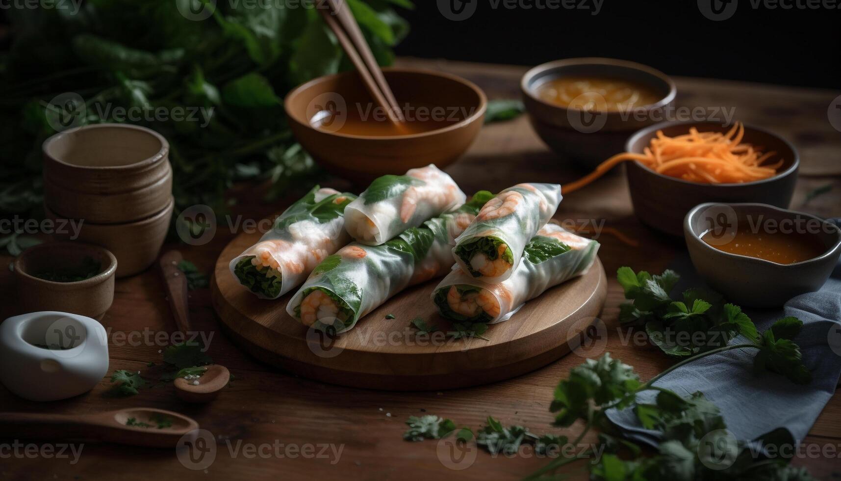 Fresh gourmet spring rolls with healthy vegetable and meat filling generated by AI photo