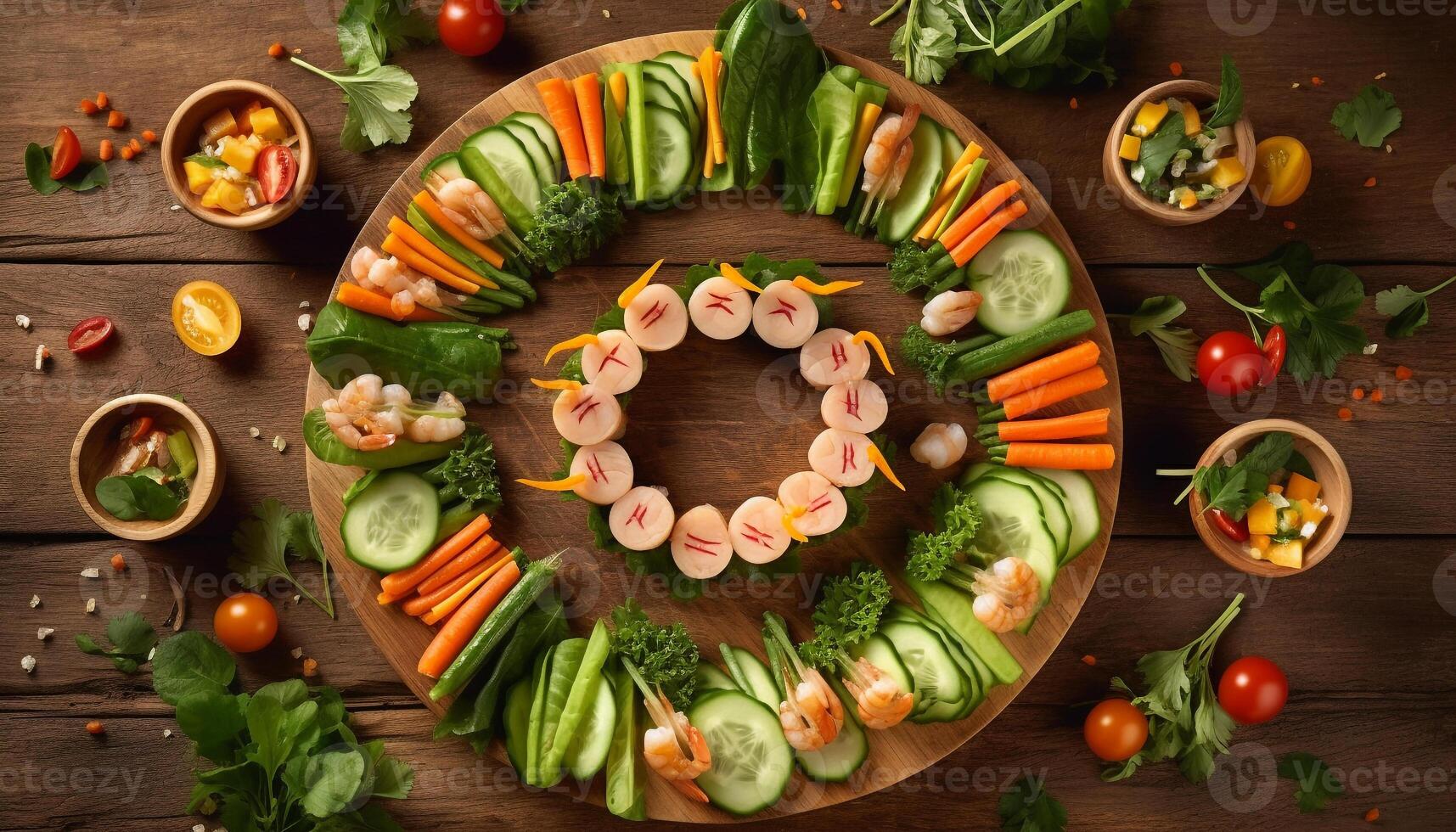 Healthy vegetarian salad with fresh organic ingredients on rustic wood table generated by AI photo