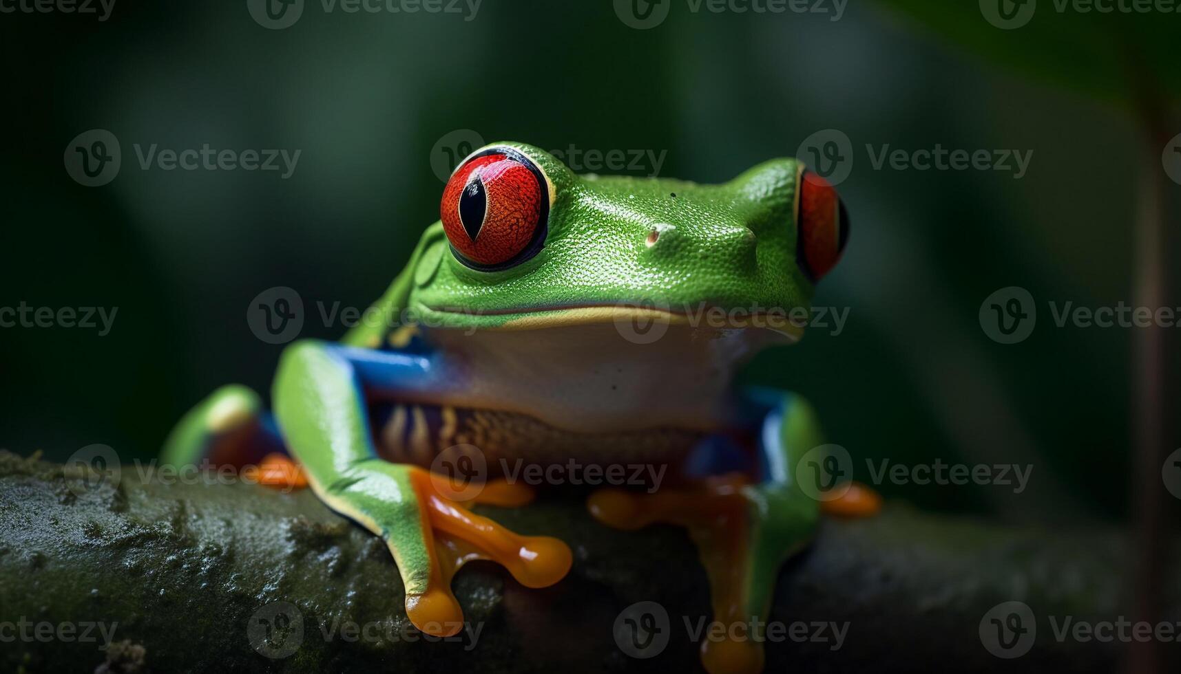Red eyed tree frog sitting on wet leaf in tropical rainforest generated by AI photo