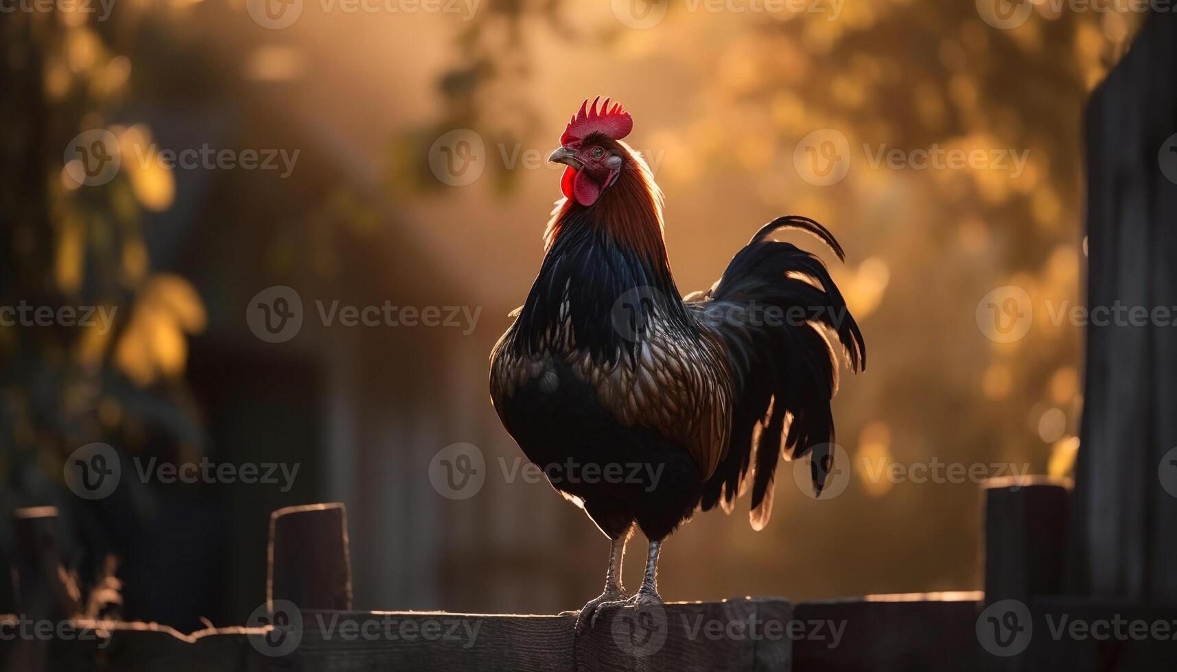 Vibrant rooster feathers showcase nature beauty generated by AI