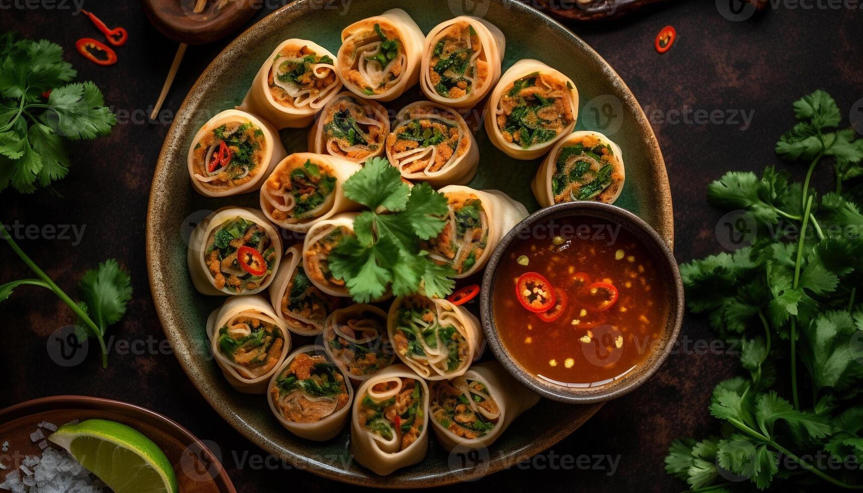 Freshly cooked gourmet meal meat, vegetable, and guacamole in bowl generated by AI photo