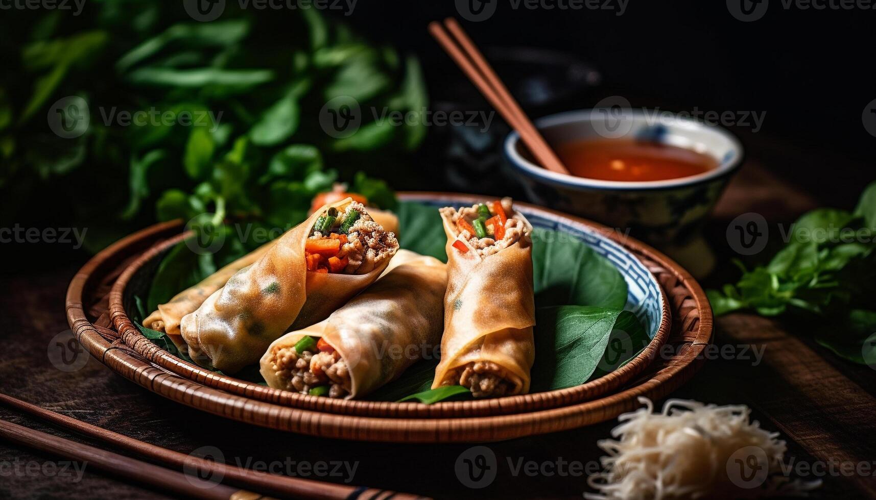 Fresh spring roll appetizer with pork, vegetables, and cilantro sauce generated by AI photo