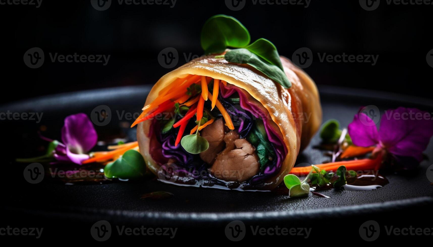 Grilled beef steak with fresh vegetable salad on multi colored plate generated by AI photo