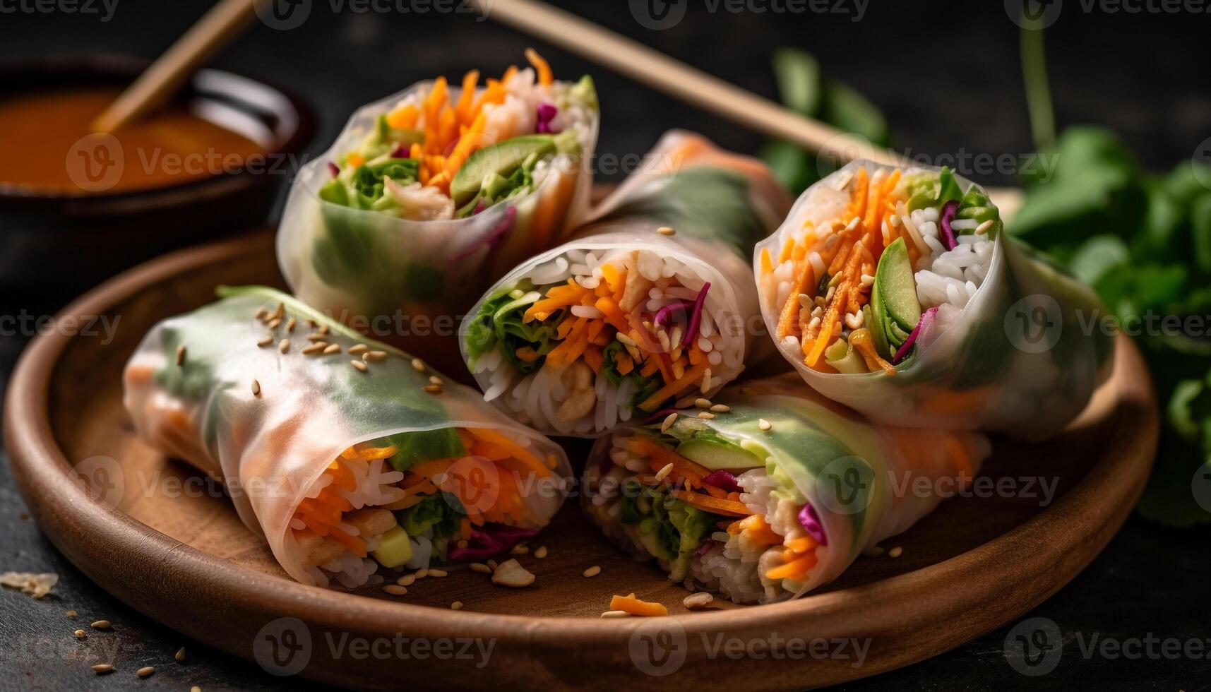 Fresh spring roll with vegetables, meat, and homemade sauce generated by AI photo