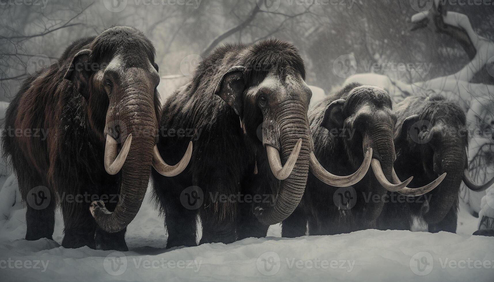 African elephant herd in winter forest, endangered species in motion generated by AI photo