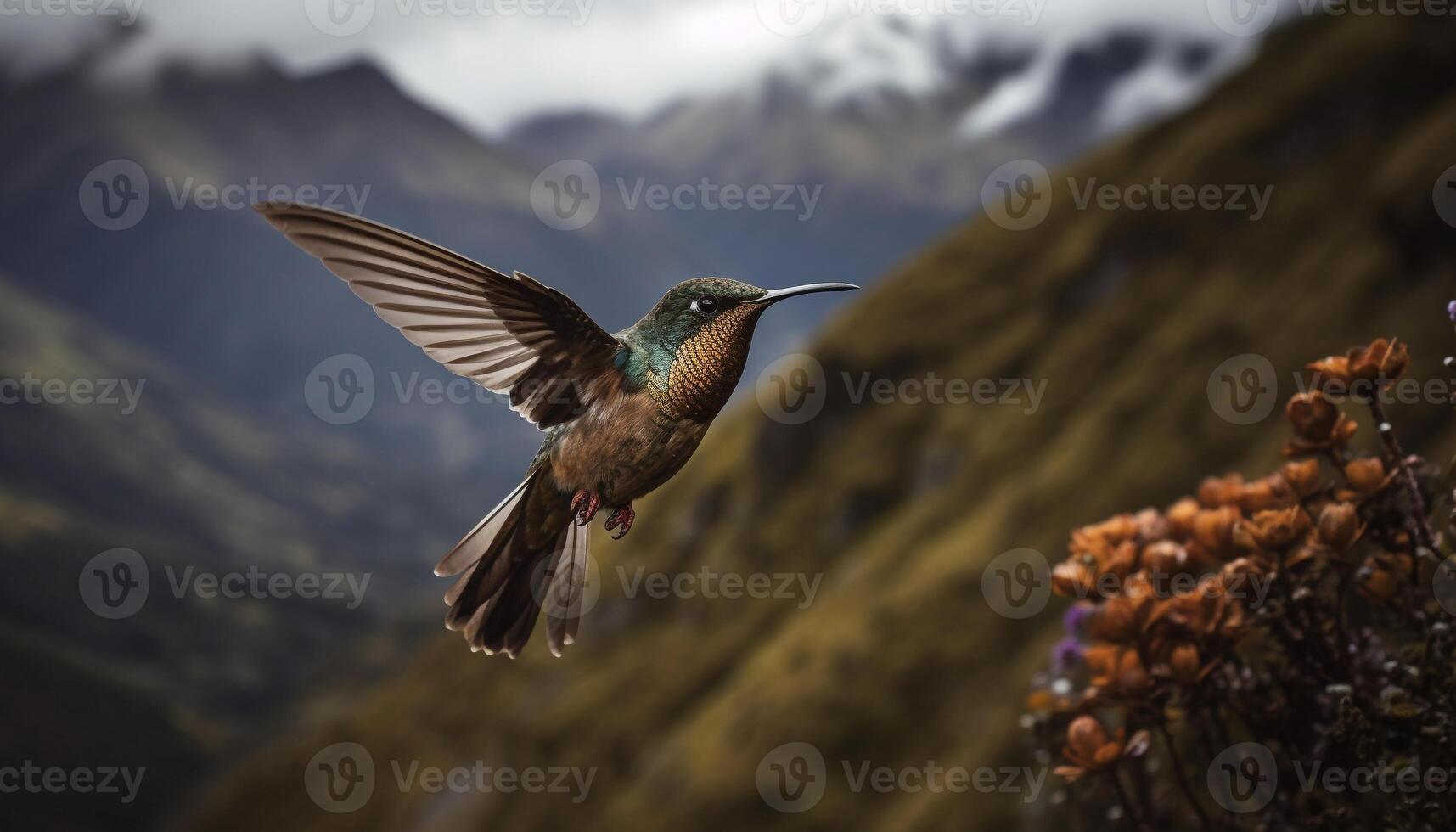 colibrí encaramado en rama, iridiscente plumas, natural belleza capturado generado por ai foto