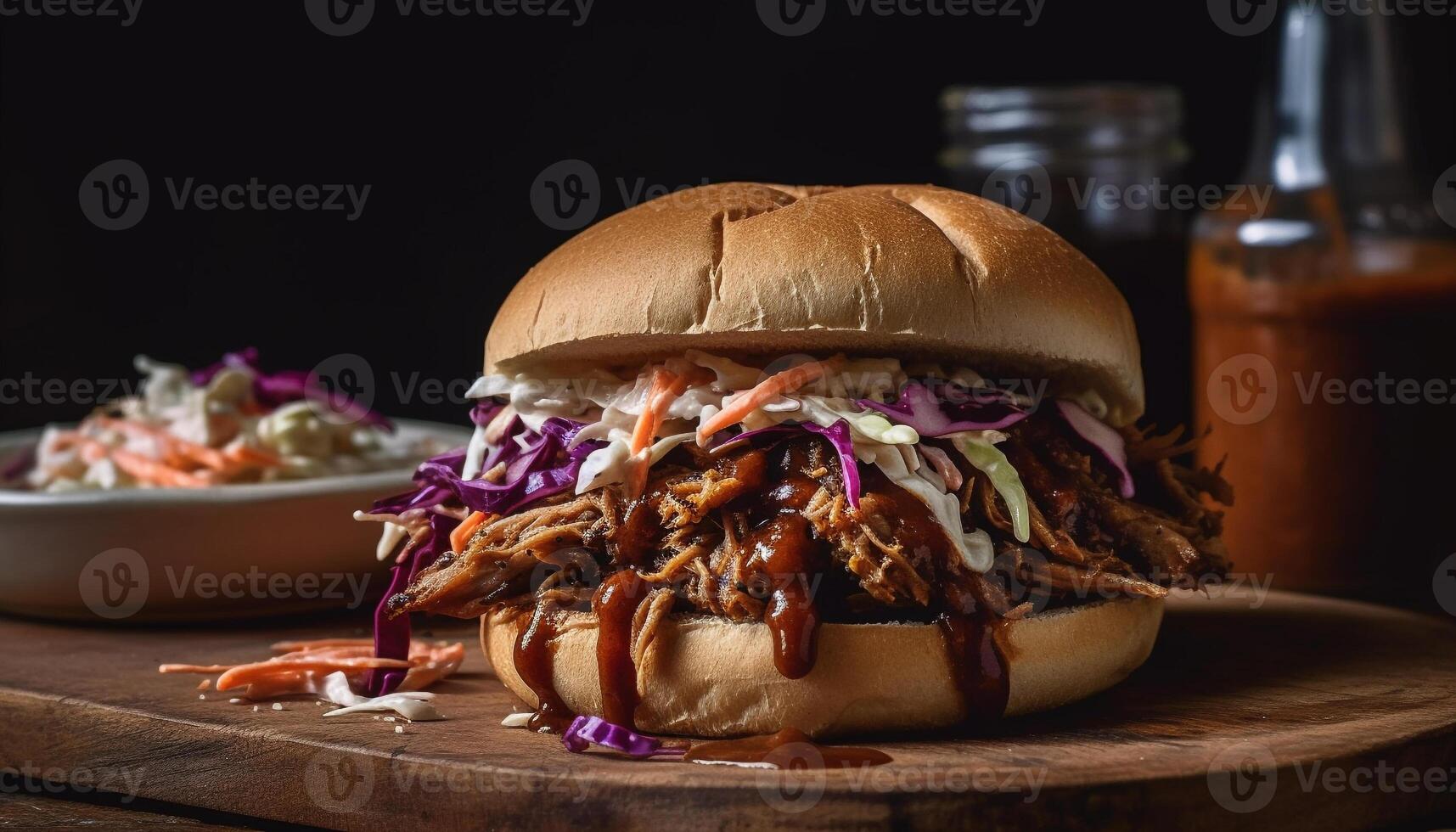 Grilled pulled pork sandwich with coleslaw, pickles, and barbecue sauce generated by AI photo