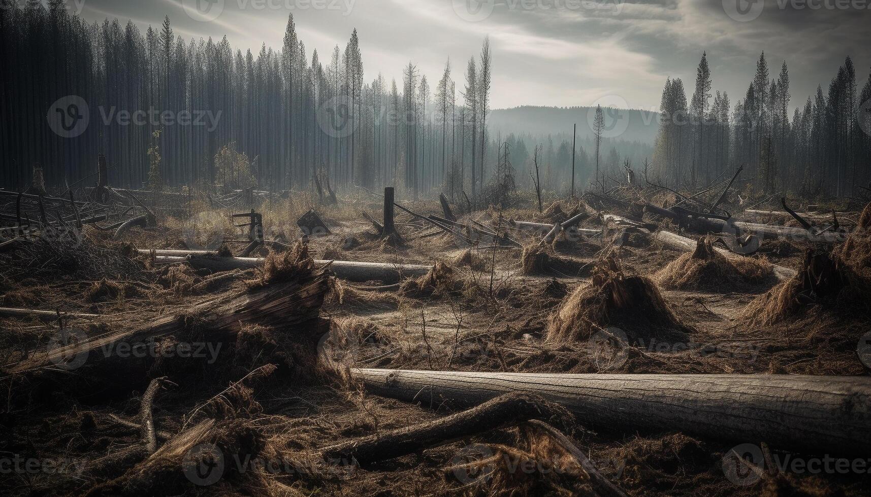 Burning forest, damaged environment, destroyed timber, fallen trees, air pollution generated by AI photo