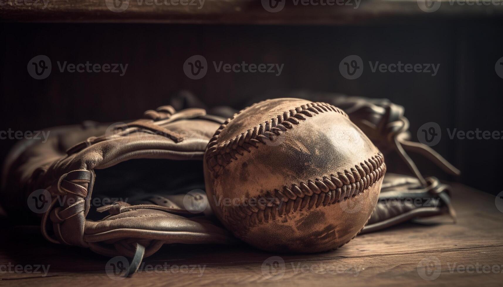 Leather glove catches ball, old fashioned baseball bat on infield plank generated by AI photo