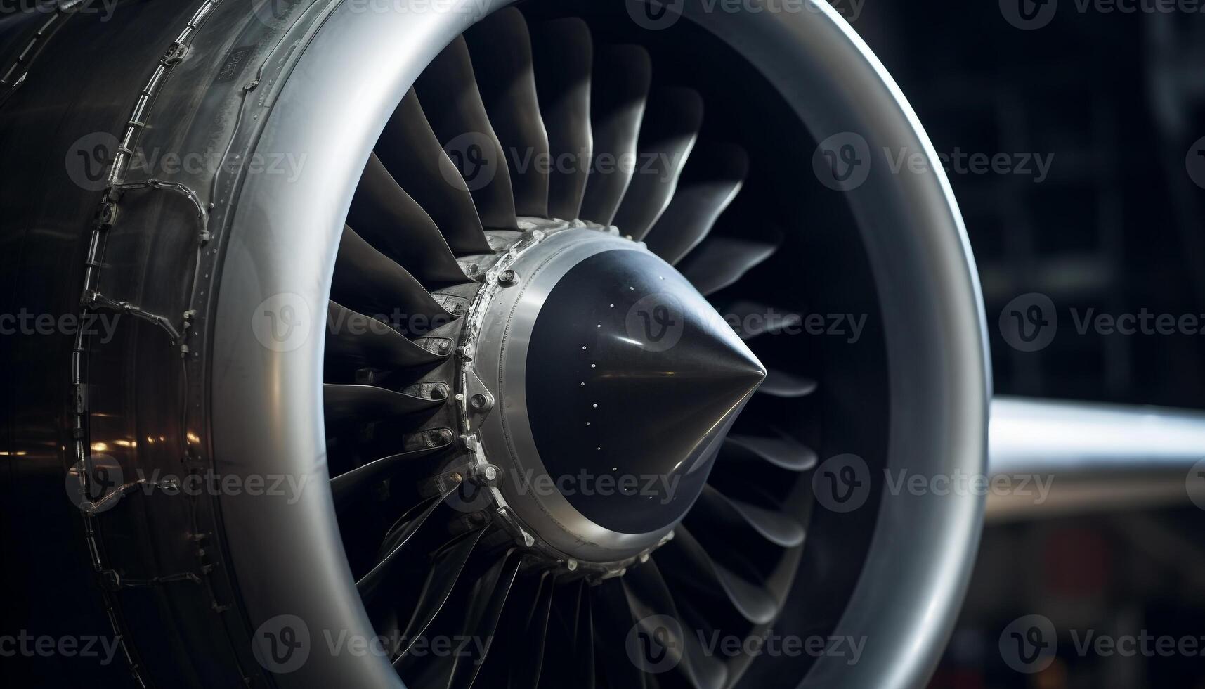 Shiny metallic propeller turning on modern airplane engine, close up view generated by AI photo