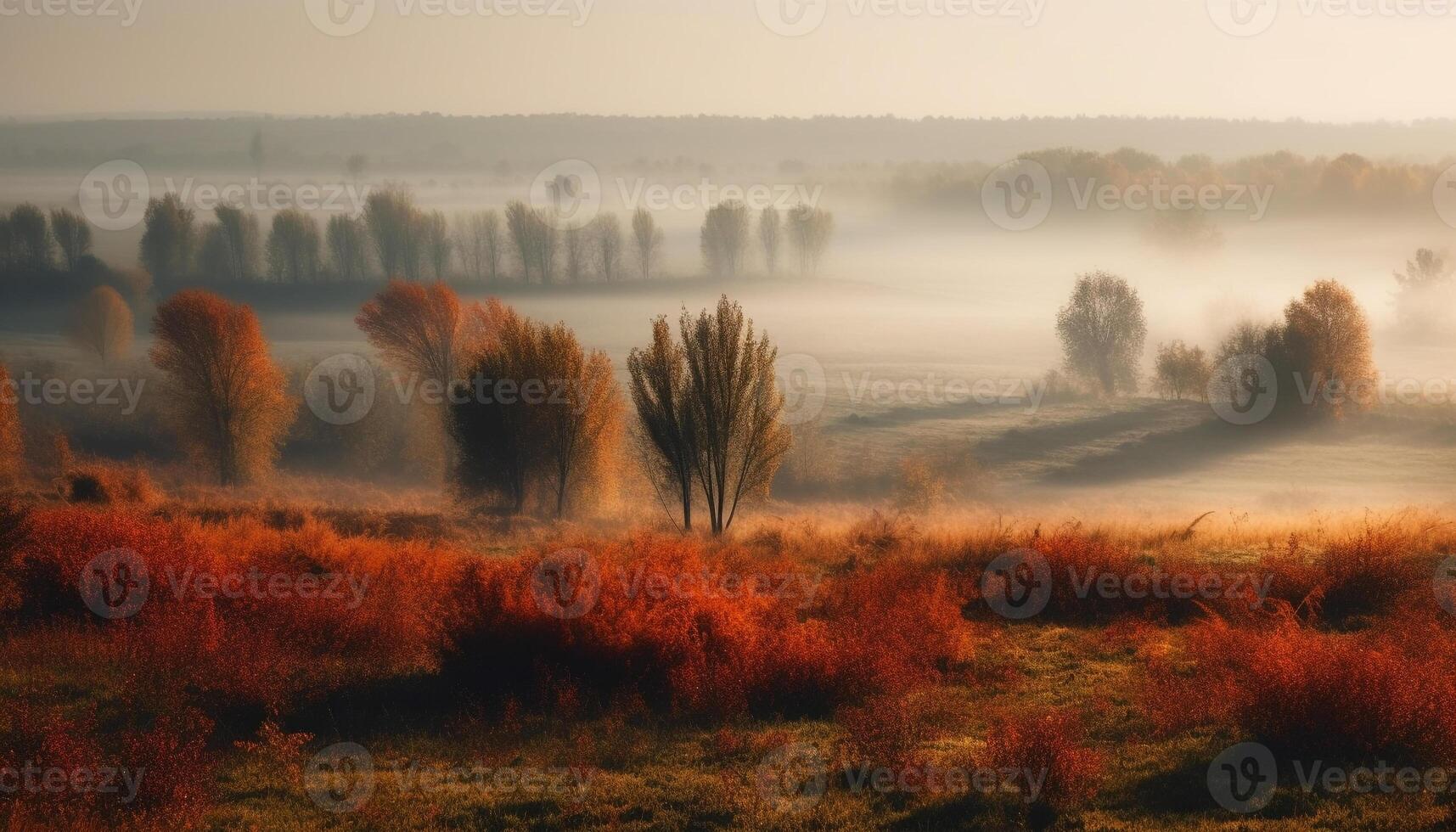 Autumn tree in foggy landscape, outdoors beauty in nature generated by AI photo