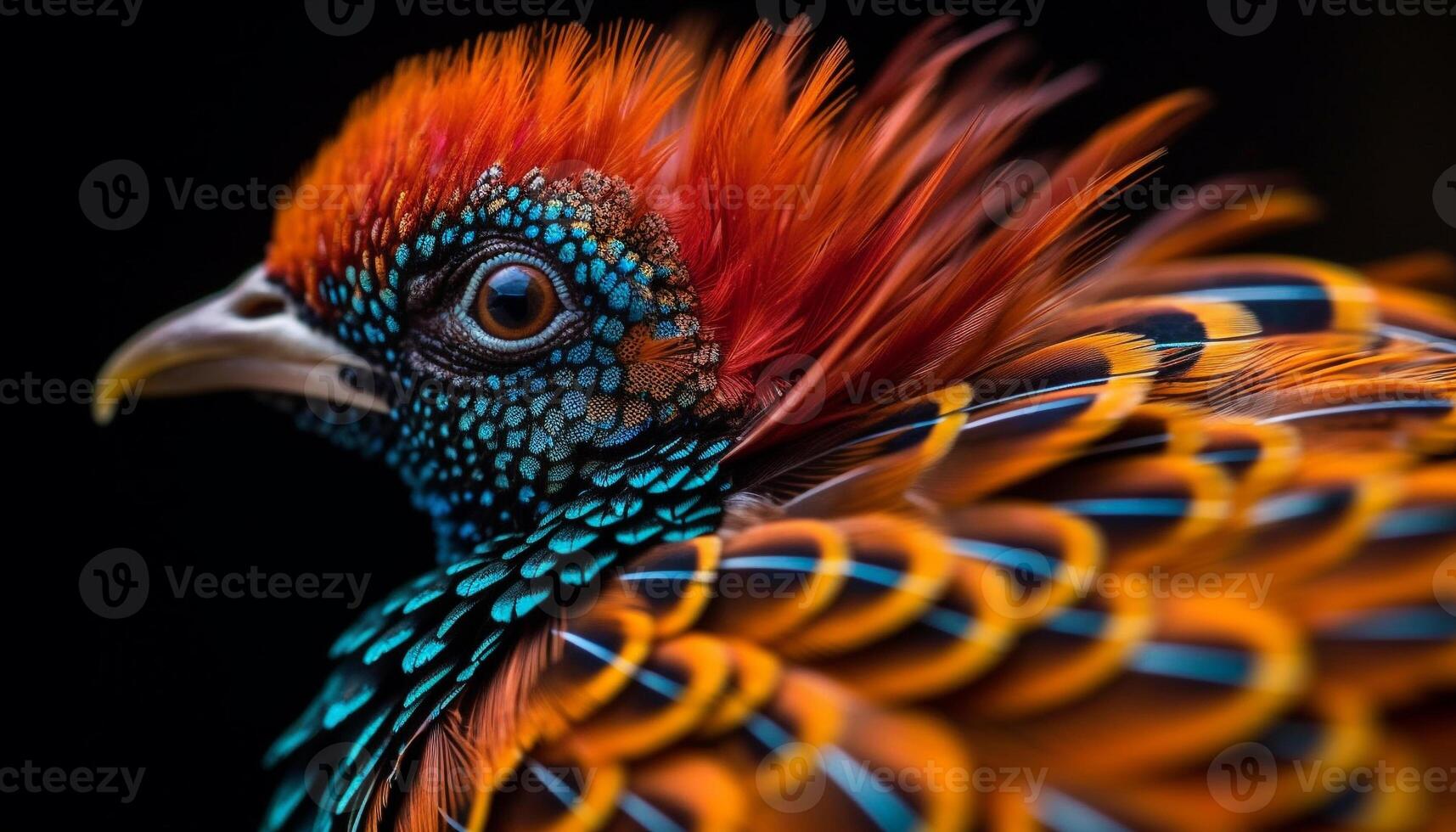 Vibrant rooster feathers showcase nature beauty generated by AI