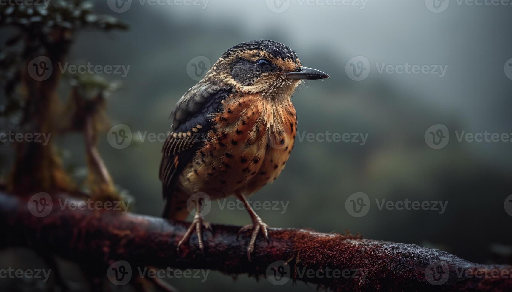 Small hawk perching on branch, looking at camera, tranquil scene generated by AI photo