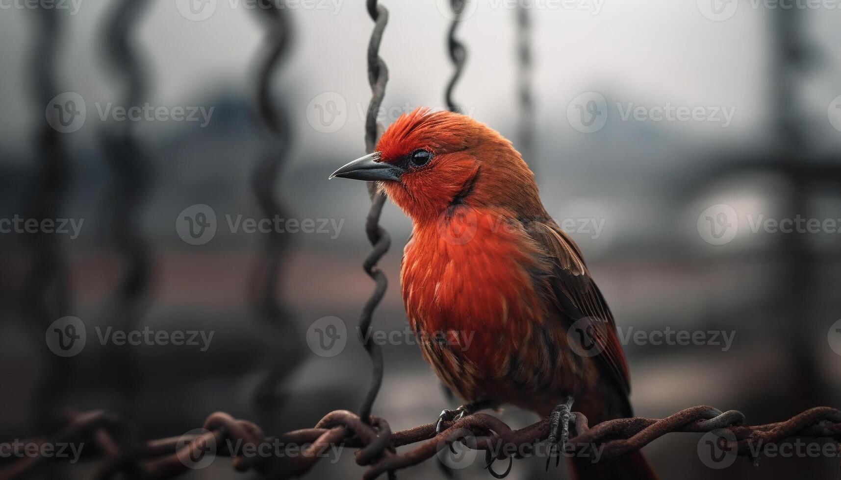 Colorful bird perched on branch, gazing at camera in nature generated by AI photo