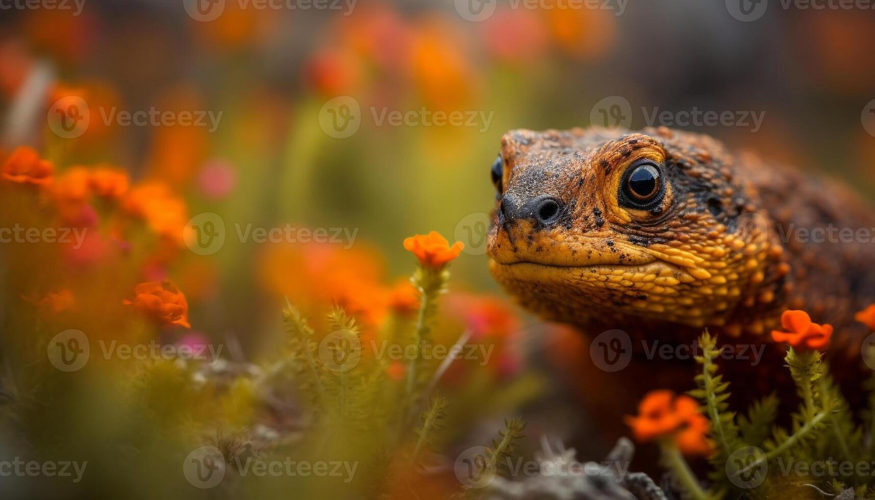verde lagartija ojo se enfoca en naranja flor en tropical bosque generado por ai foto