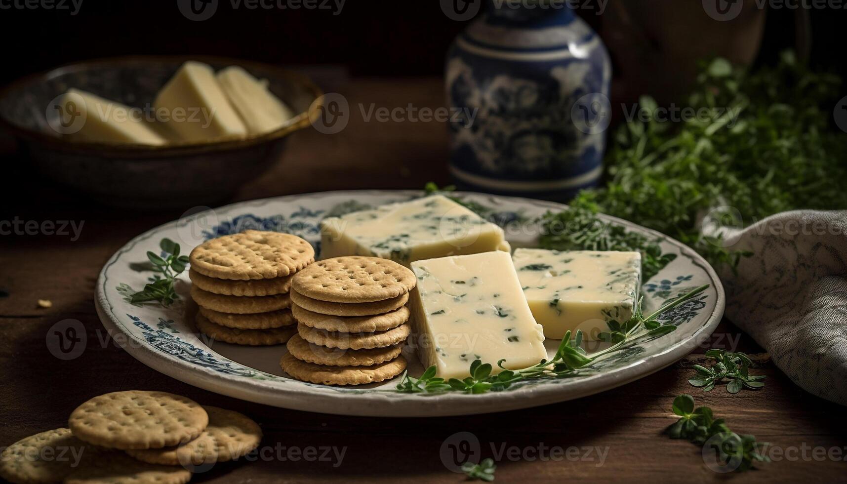 Rustic gourmet snack plate Camembert, bread, butter, grapes, and wine generated by AI photo