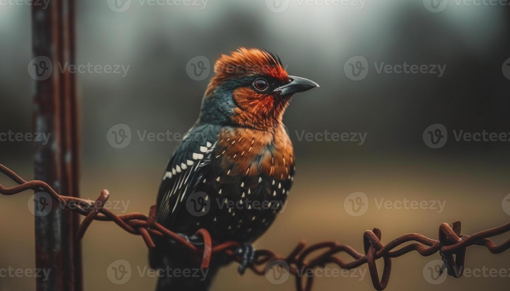 Male starling perching on branch, close up of colorful feathers generated by AI photo