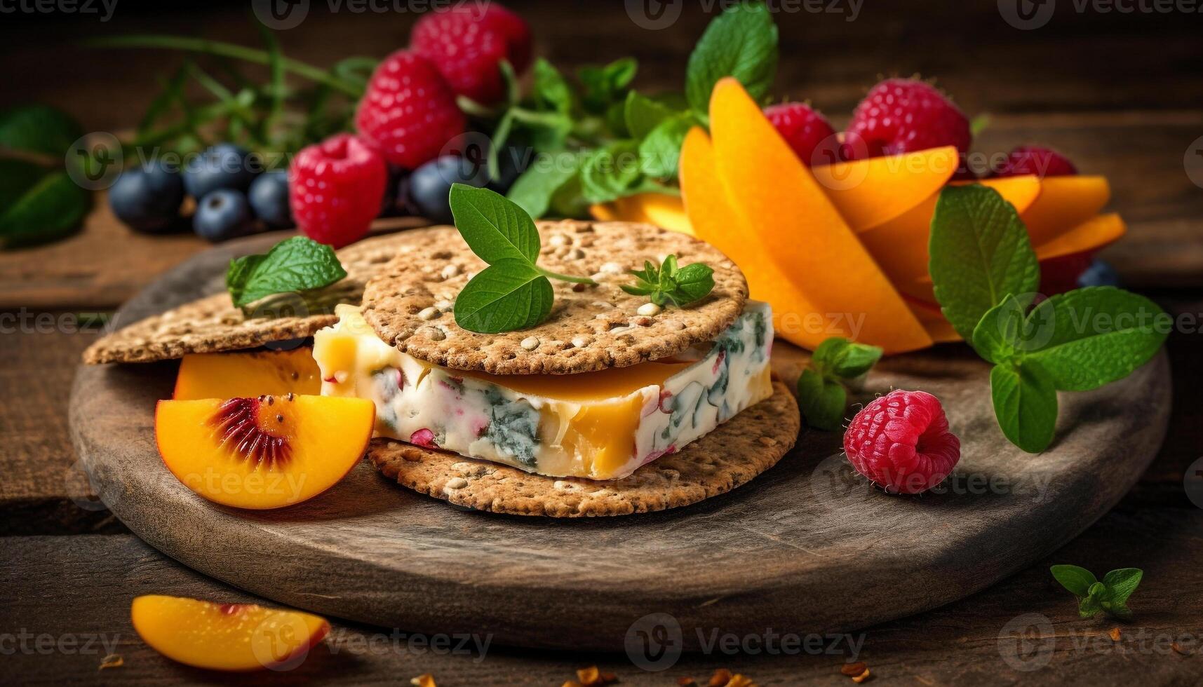 Fresh gourmet fruit salad with raspberry, blueberry, and mint leaf generated by AI photo