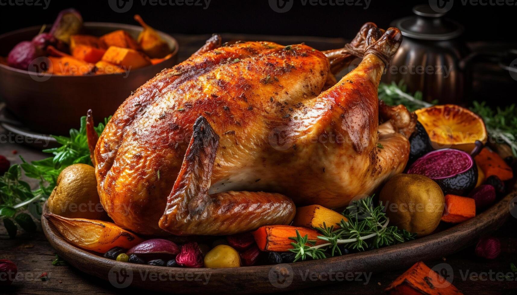 Homemade roasted turkey with fresh vegetables, herbs, and organic spices generated by AI photo