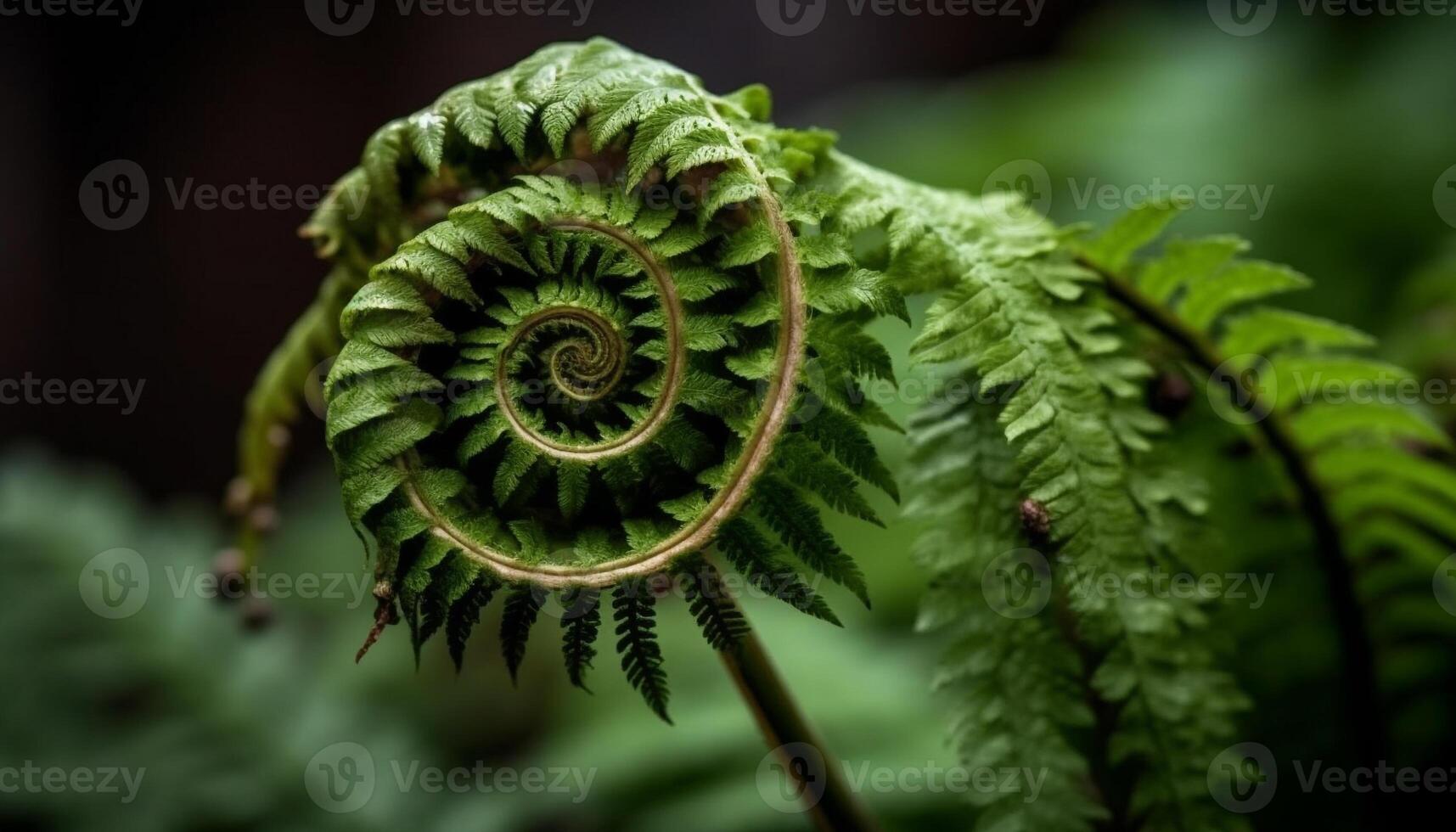 Green fern frond spirals in organic pattern, symbolizing growth generated by AI photo