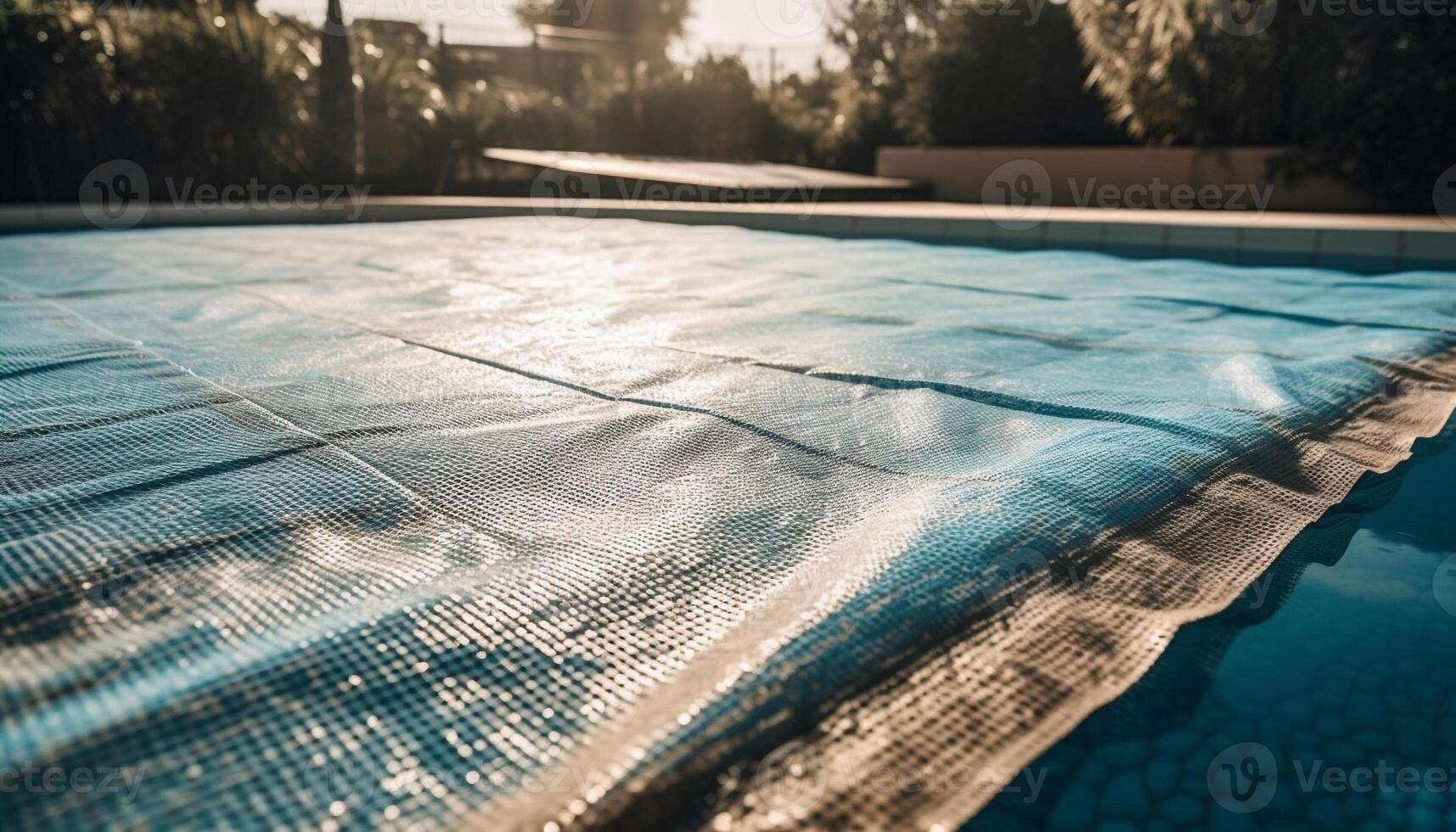 Transparent water reflects blue sky, green grass, and tree patterns generated by AI photo