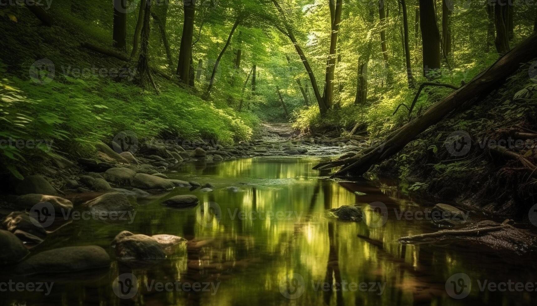 A tranquil scene of a forest with flowing water generated by AI photo