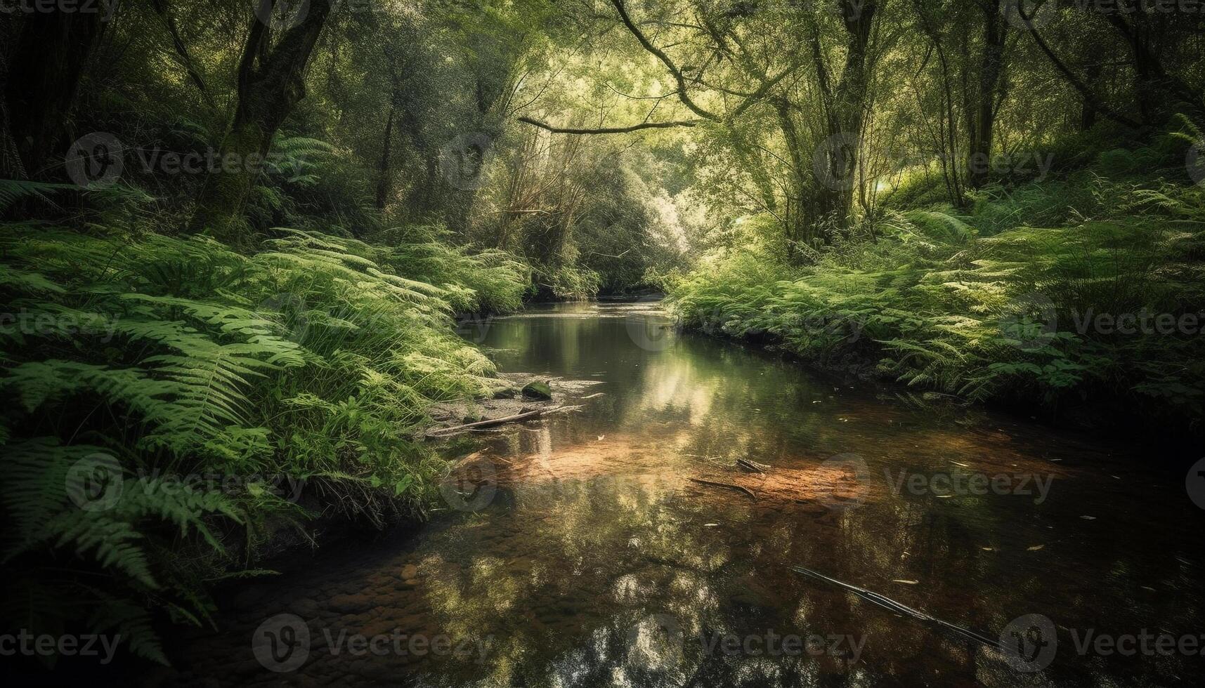 Tranquil scene of flowing water in lush tropical rainforest generated