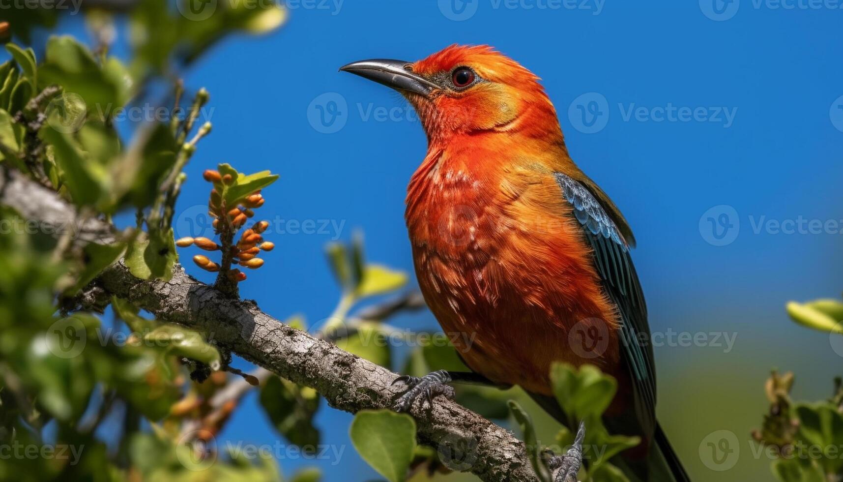 Vibrant bee eater perching on green branch, surrounded by nature beauty generated by AI photo