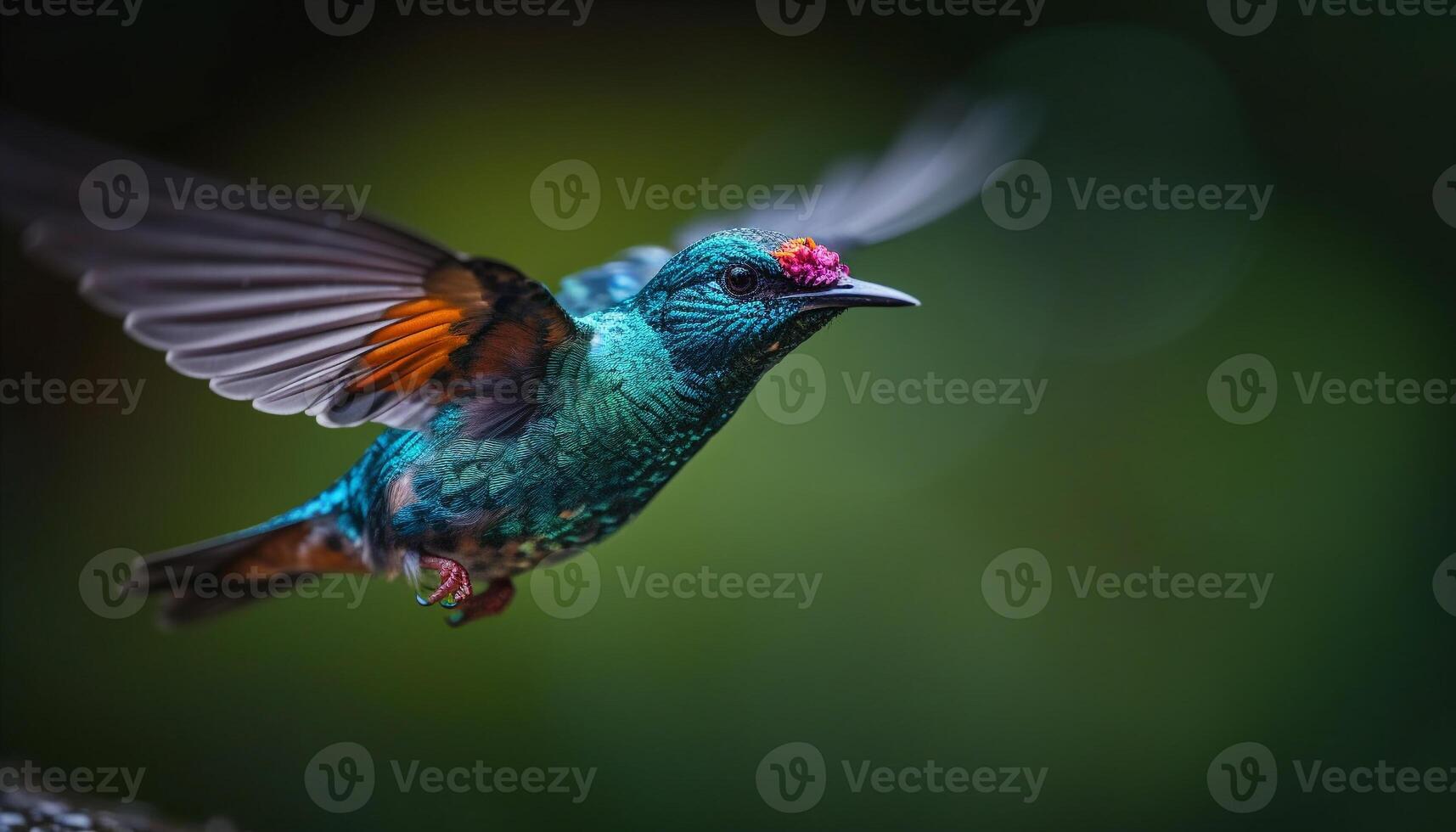 Hummingbird hovering, iridescent feathers, multi colored, pollinating vibrant flowers generated by AI photo