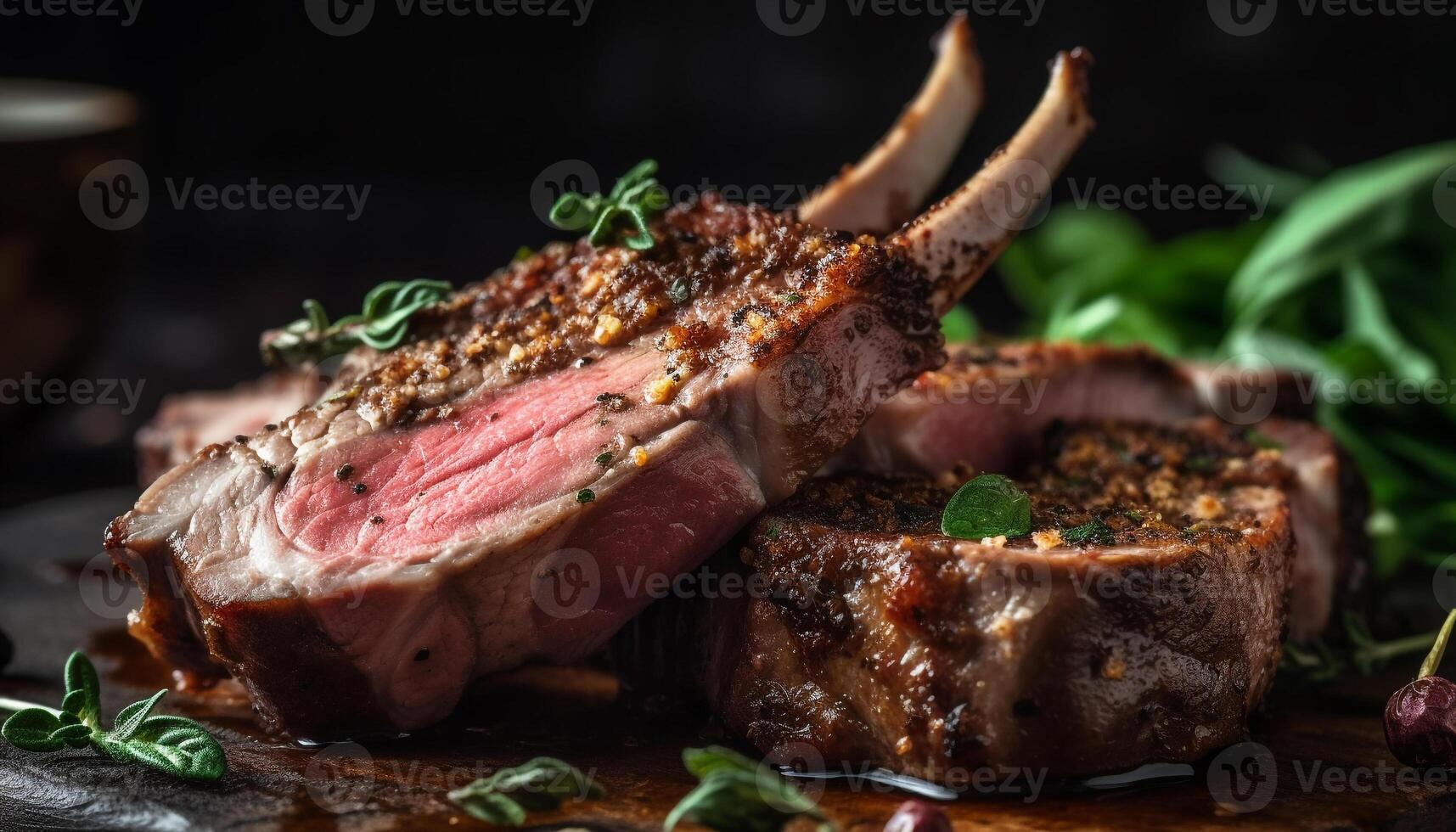 Grilled beef fillet with herb spice on rustic wooden plate generated by AI photo