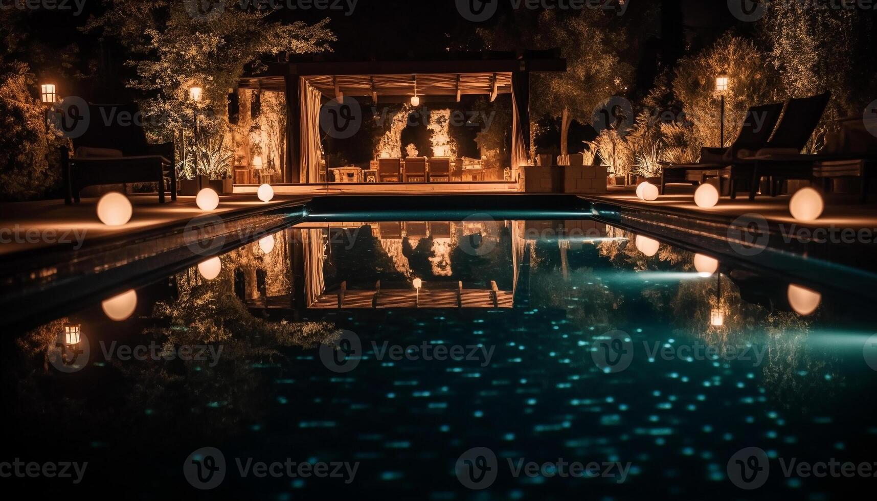 Luxury pool illuminated at night, reflecting tranquil tropical surroundings generated by AI photo