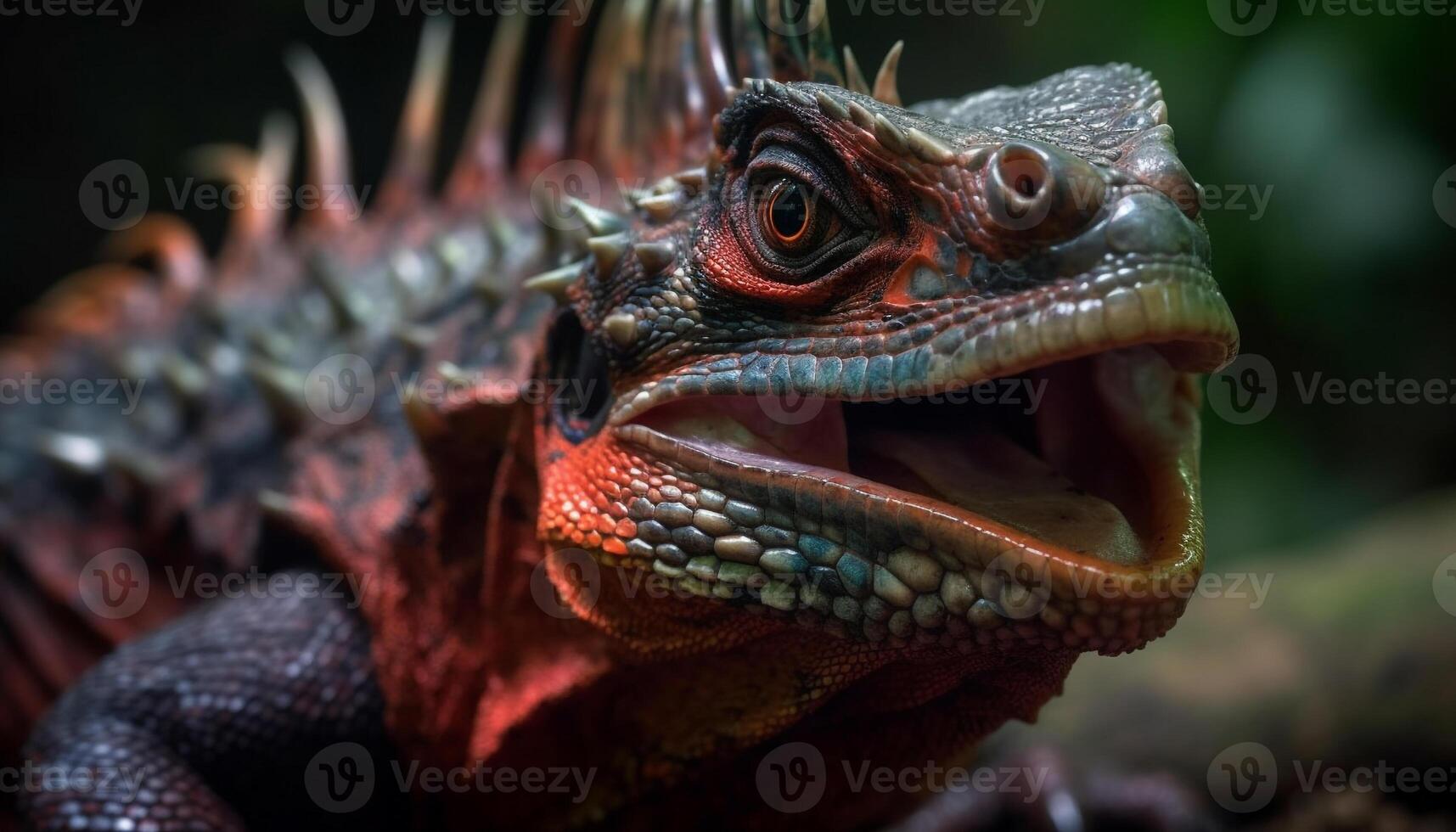 Green iguana, fierce and endangered, stares into the camera generated by AI photo