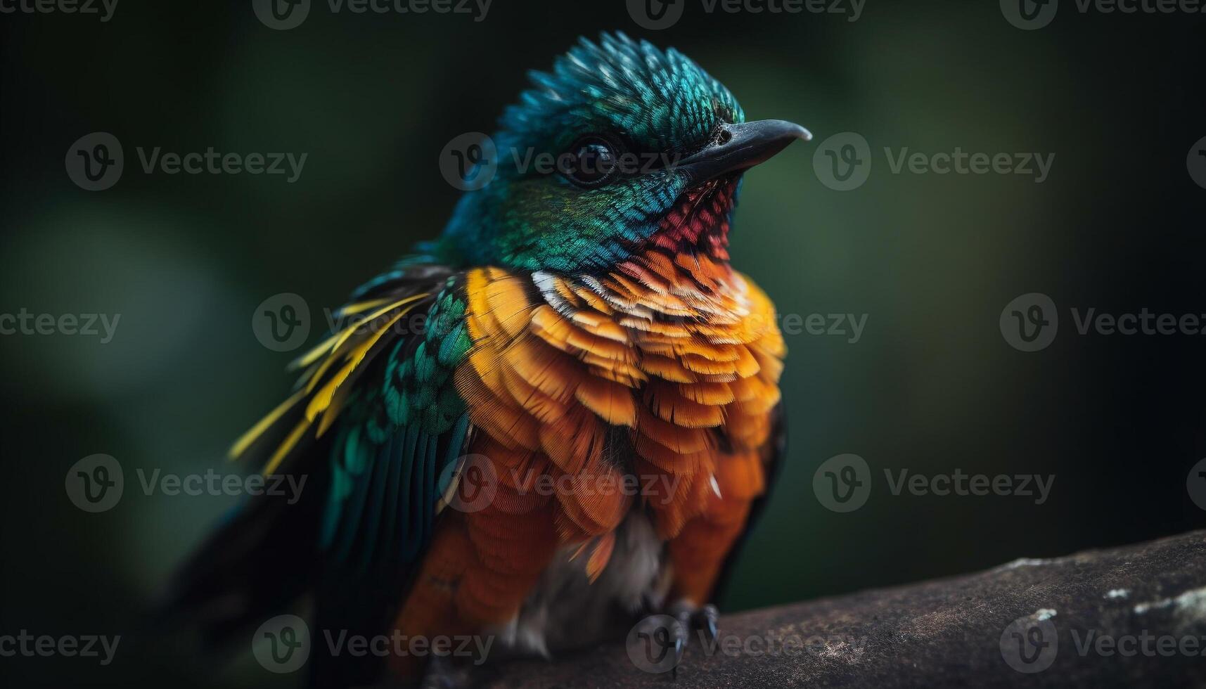 Vibrant macaw perched on branch, feathers iridescent in sunlight generated by AI photo