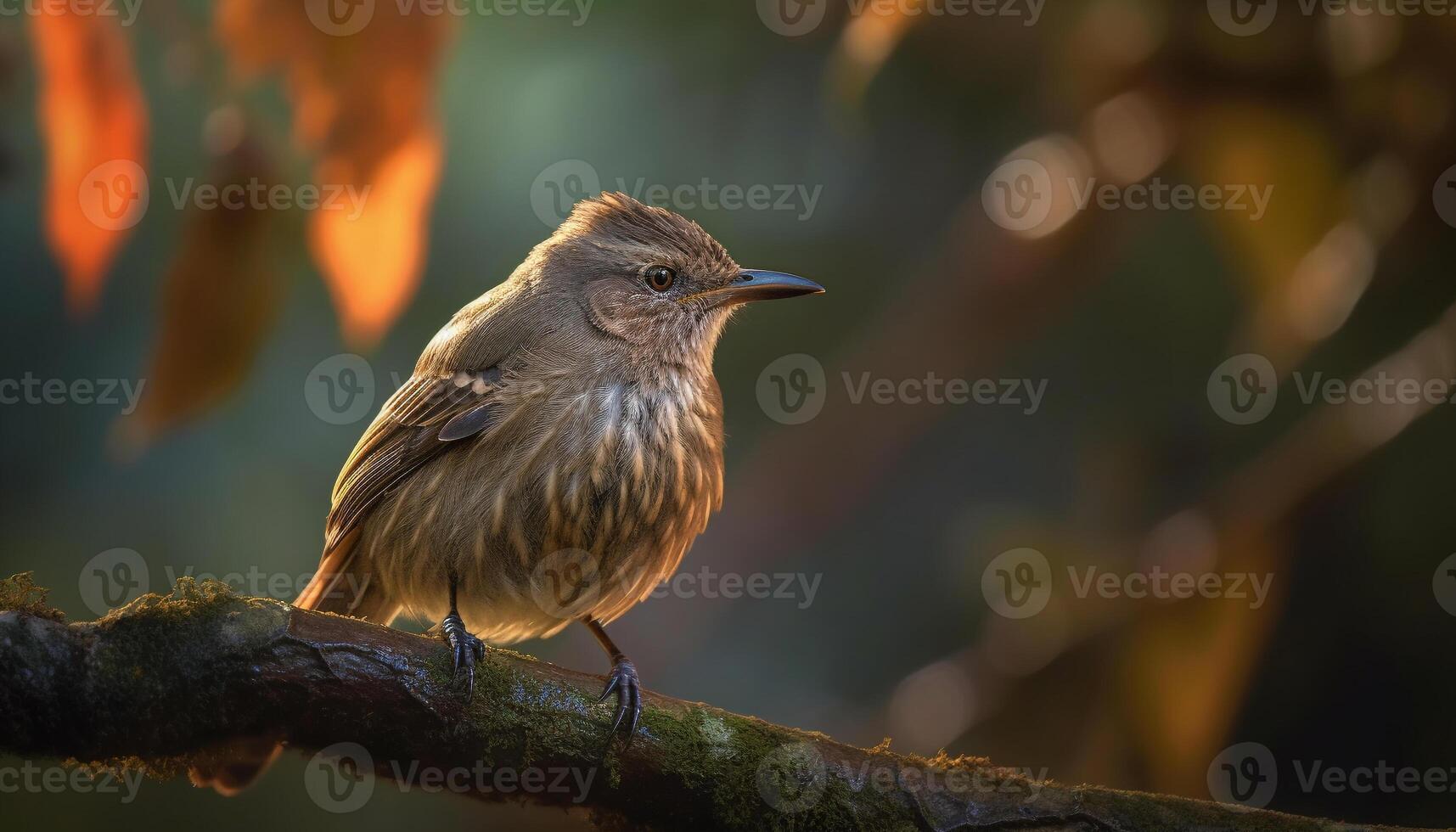 Small yellow bird perching on branch, singing in tranquil forest generated by AI photo