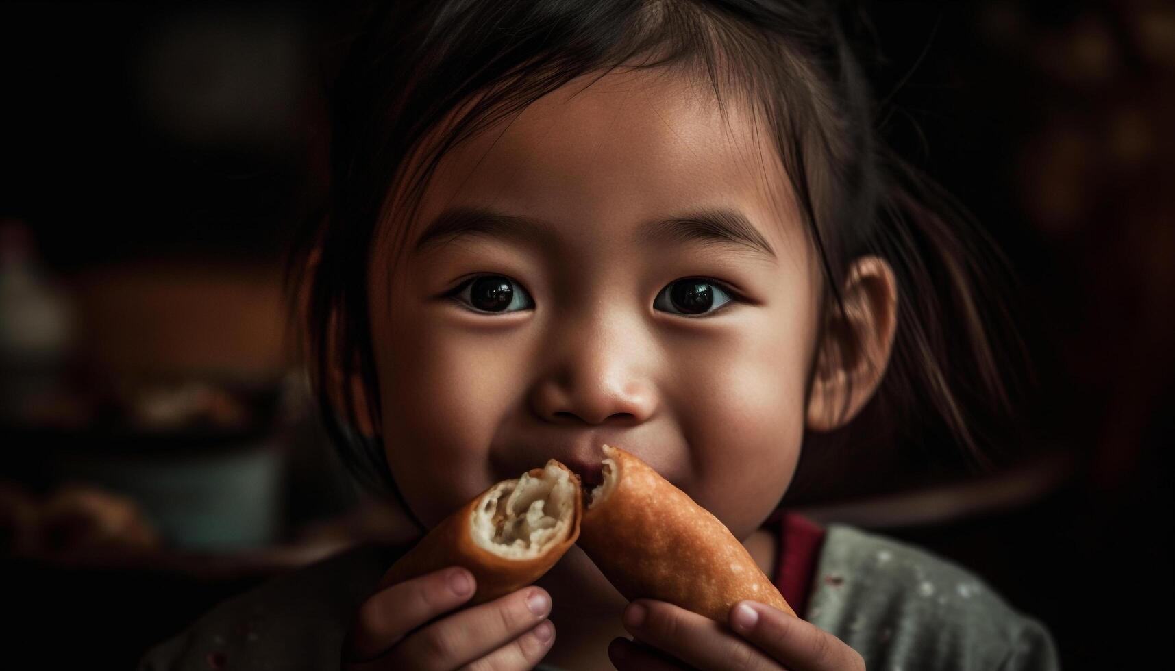 Smiling toddler holding fresh fruit, enjoying healthy outdoor snack generated by AI photo