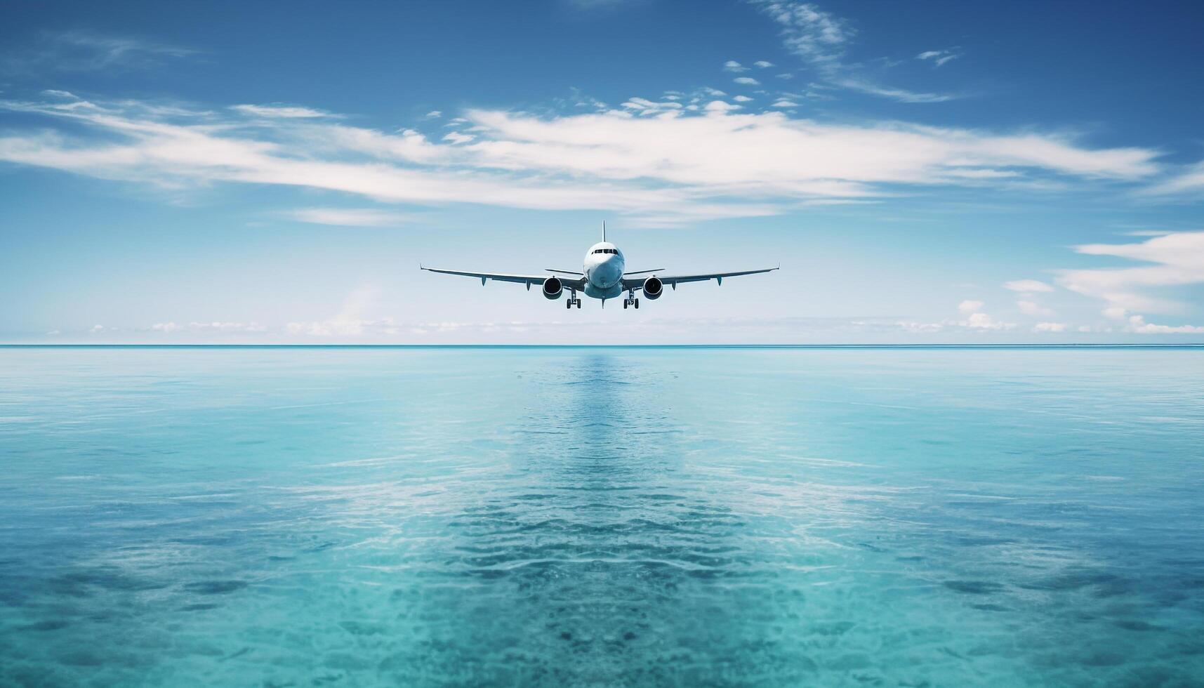 Flying commercial airplane taking off into bright blue sky generated by AI photo