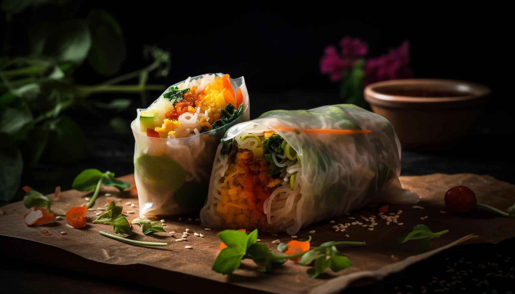 Fresh spring roll appetizer with vegetables and seafood wrapped up generated by AI photo