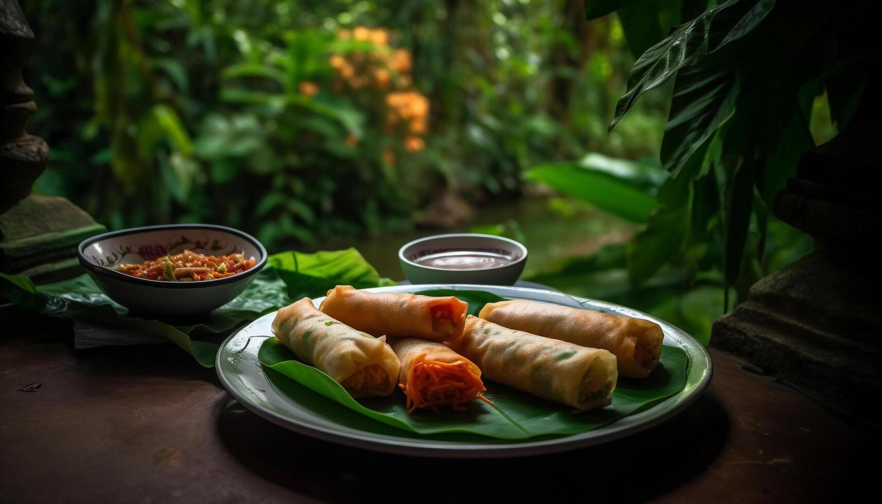 Freshly cooked gourmet meal pork spring roll with vegetable appetizer generated by AI photo