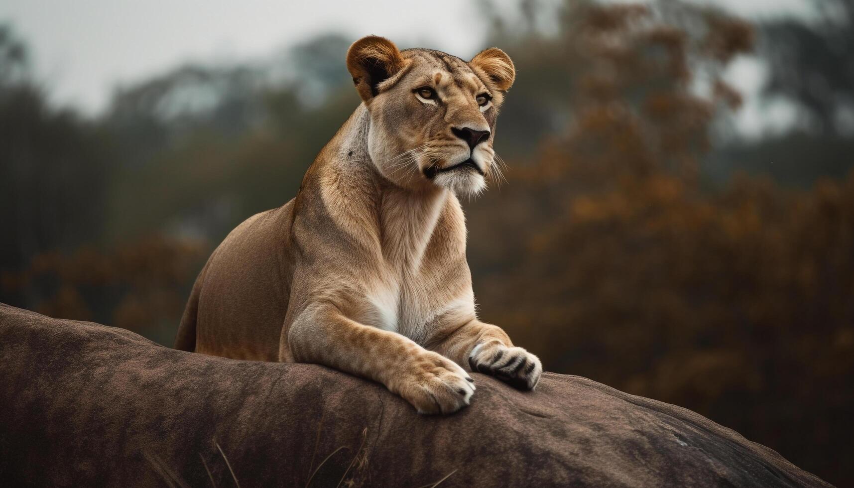 majestuoso león descansando en el sabana, vigilancia en su ojos generado por ai foto