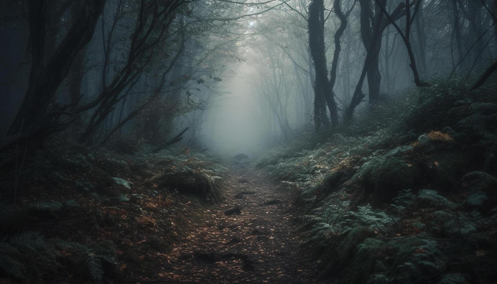 Walking through spooky forest, mystery and horror in the air generated by AI photo