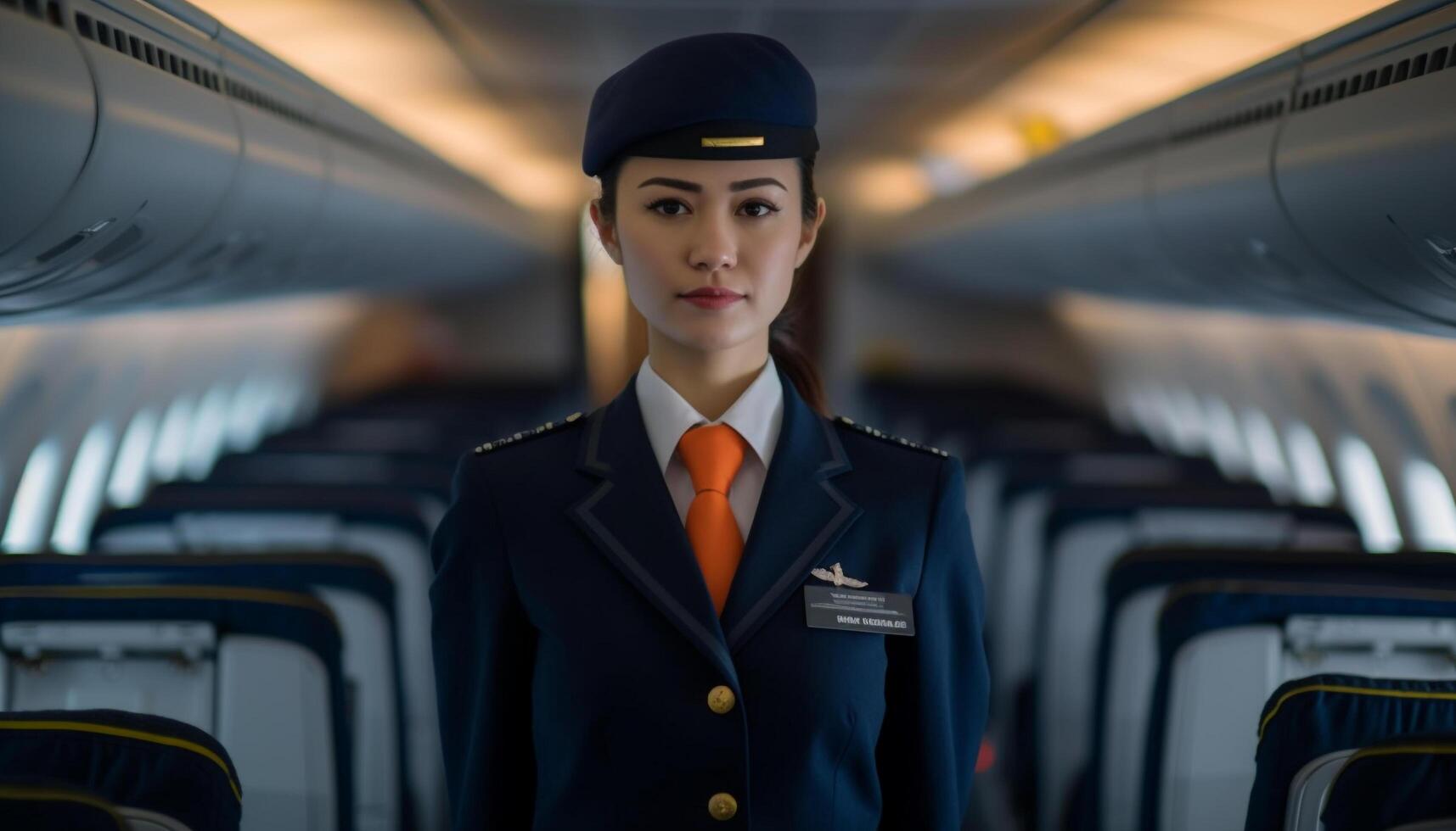 Confident cabin crew and passengers journey on commercial airplane together generated by AI photo