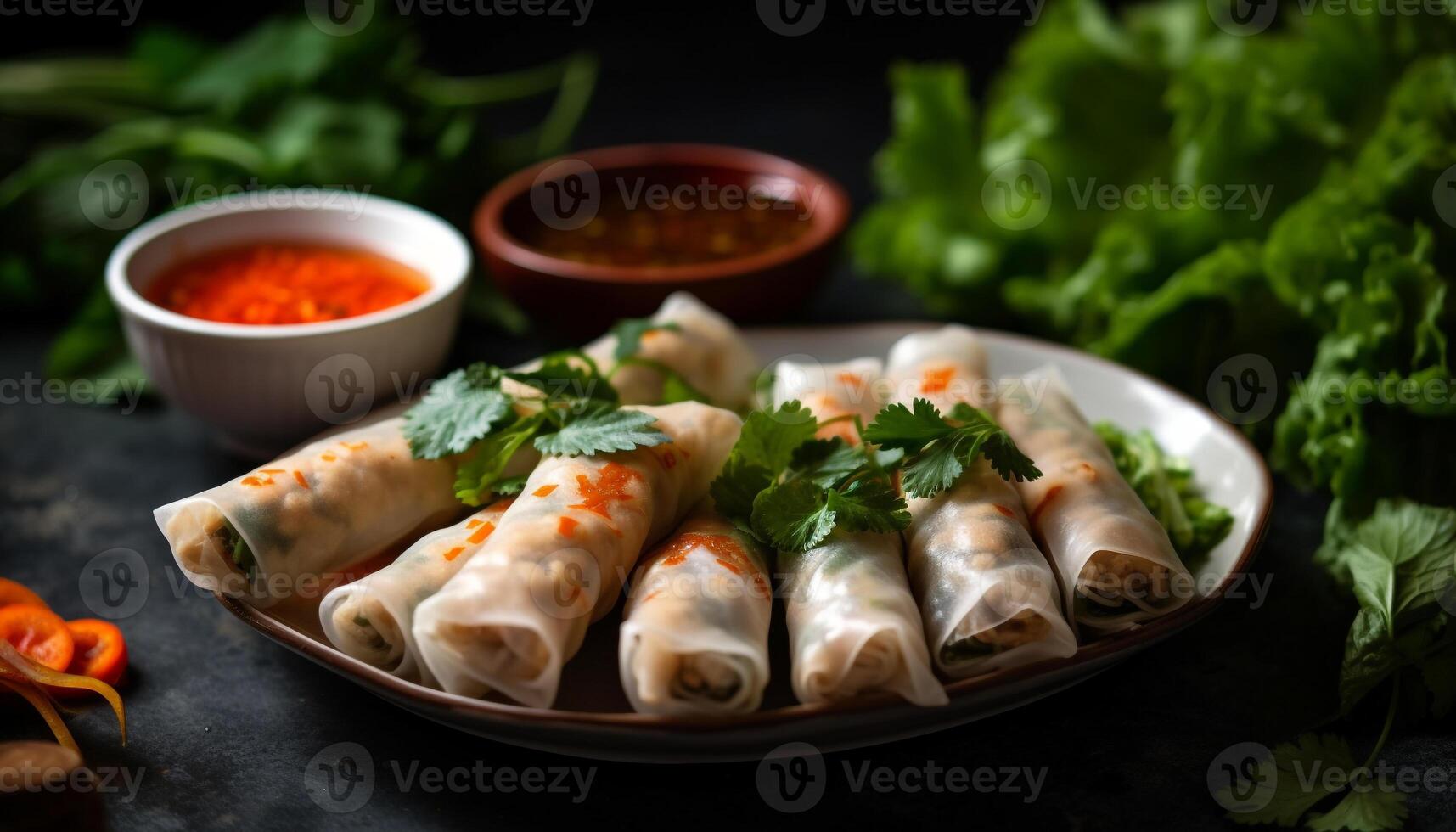 Fresh spring roll with vegetables and shrimp, served with sauce generated by AI photo