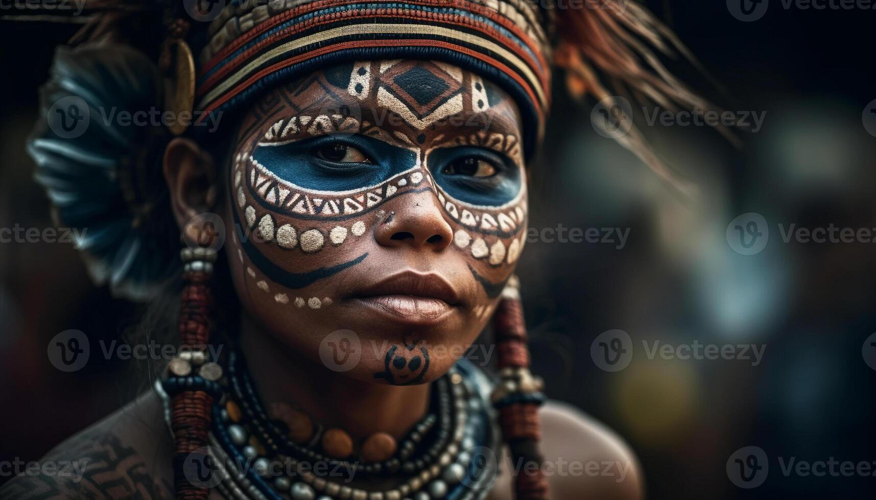 Indigenous woman smiling confidently, wearing traditional clothing and necklace generated by AI photo