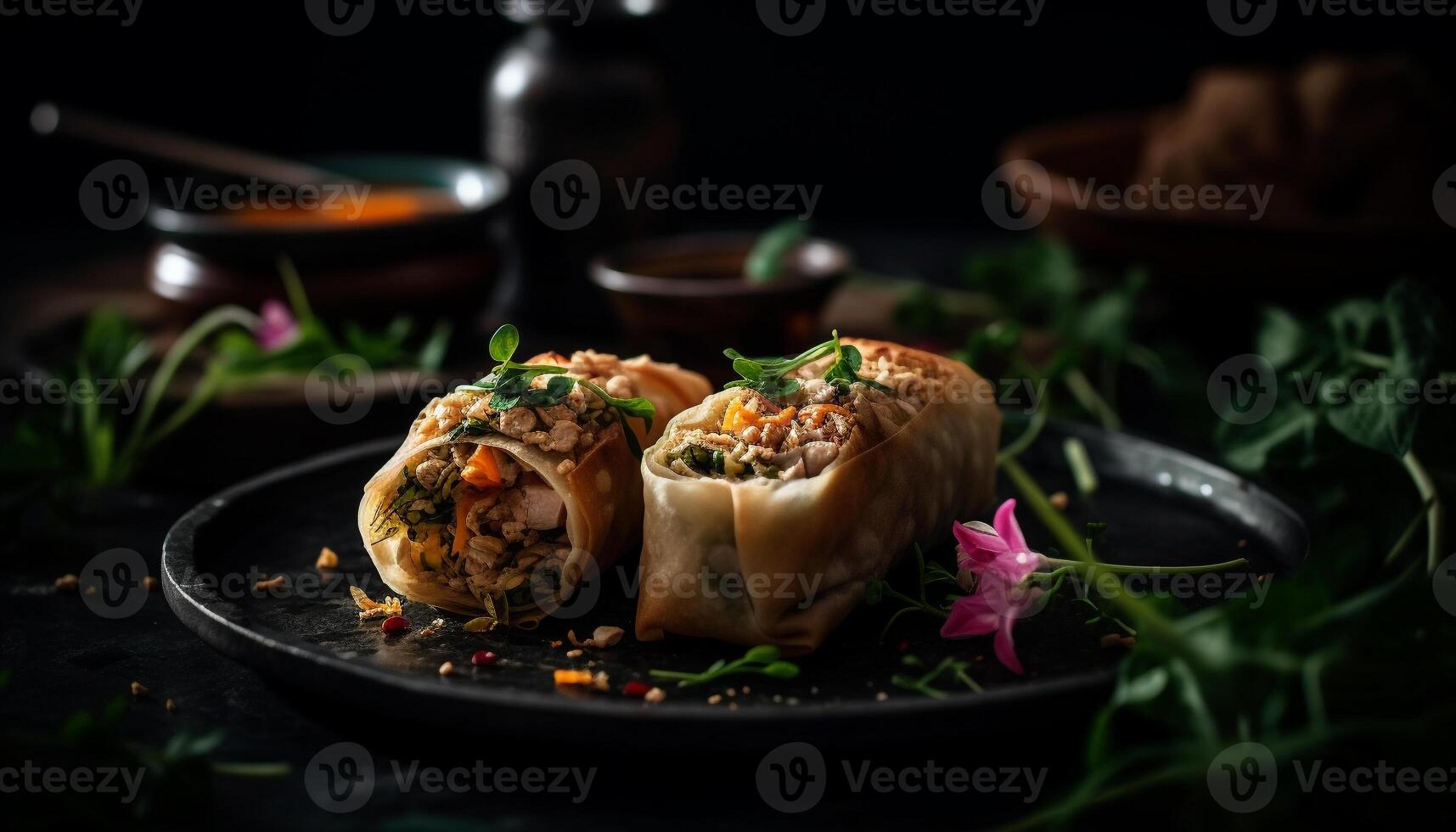 Gourmet Chinese meal steamed dim sum, pork spring roll, vegetable salad generated by AI photo