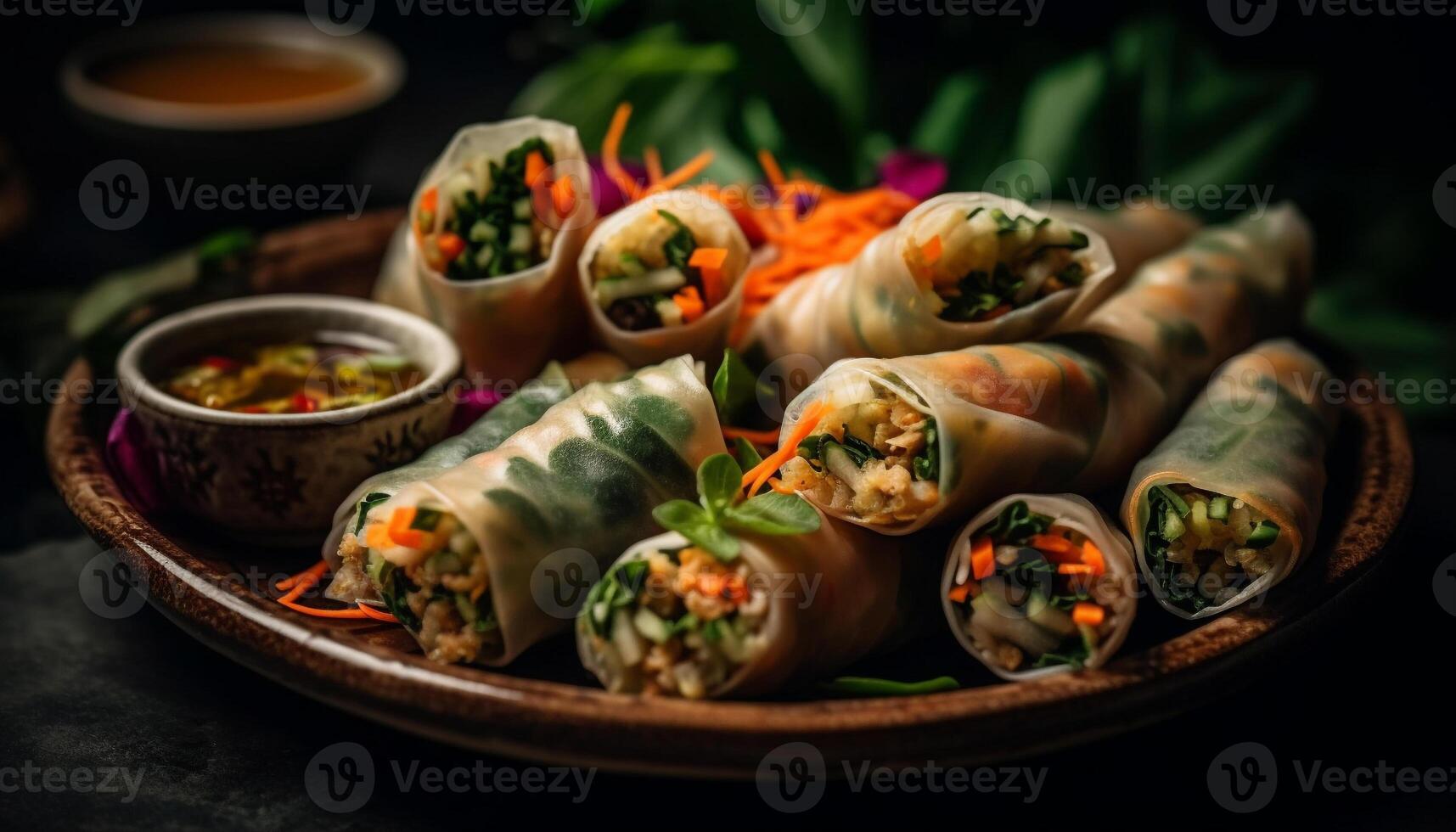 Fresh spring roll wrapped with meat and vegetables, a healthy appetizer generated by AI photo