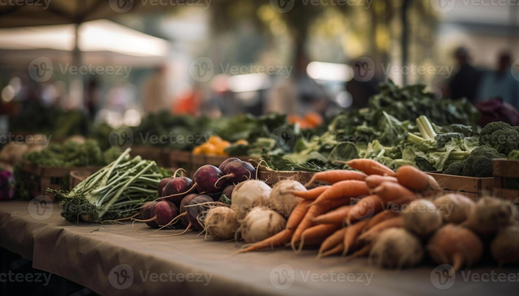 Fresh organic vegetables and fruits for sale at farmers market generated by AI photo