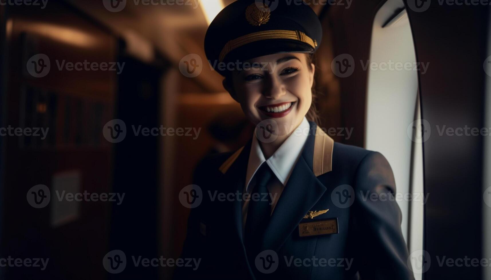 Smiling young adult Caucasian woman in suit, confident air stewardess generated by AI photo